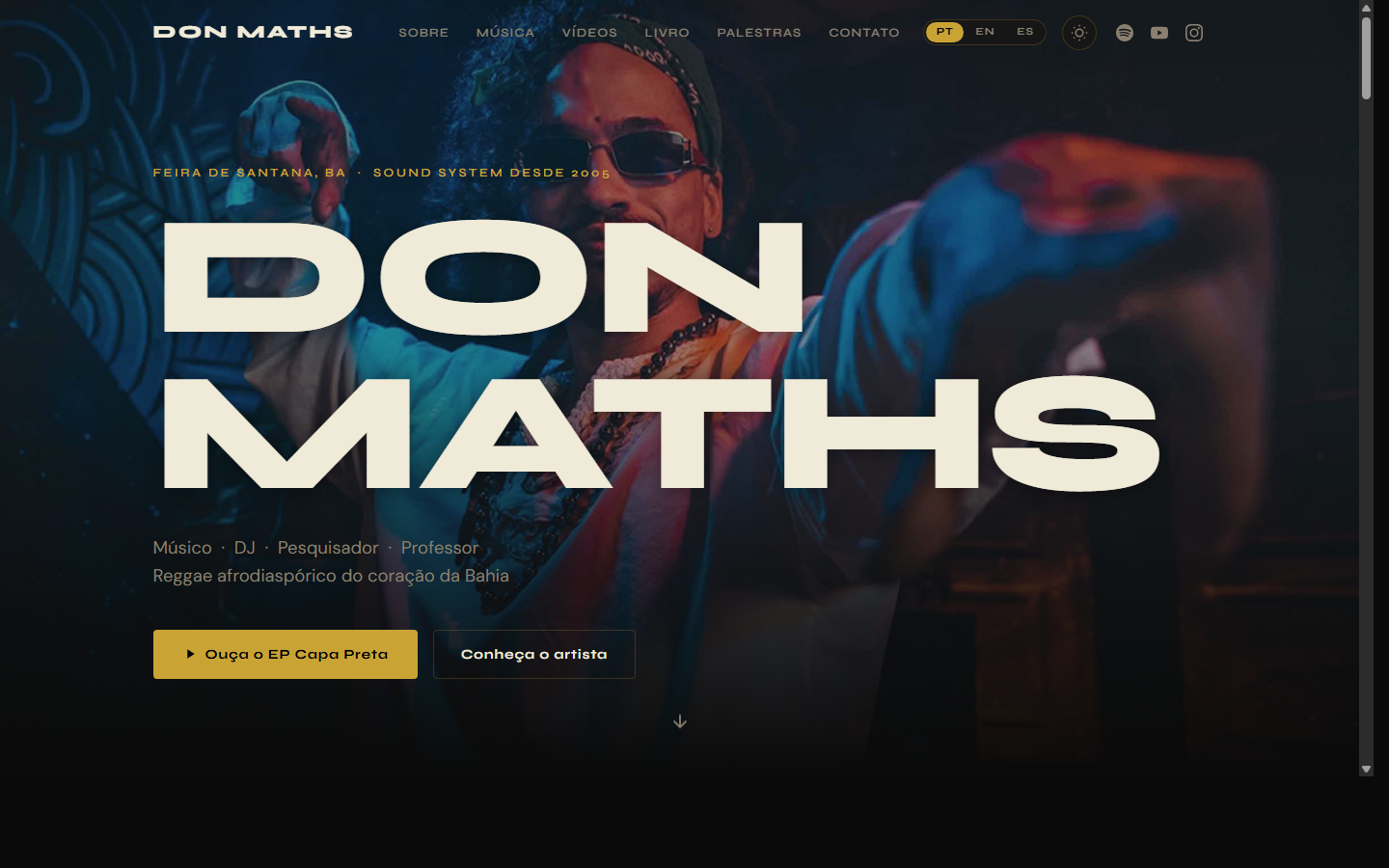 Site de Don Maths — página inicial trilíngue do músico baiano